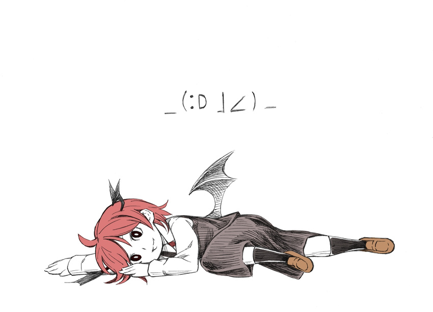 :d ahoge alternate_hair_length alternate_hairstyle arm_up bat_wings colorized emoticon head_wings kneehighs koakuma leg_up loafers low_wings lying necktie on_side open_mouth red_eyes red_hair shoes short_hair skirt skirt_set smile solo takeuma touhou vest wings