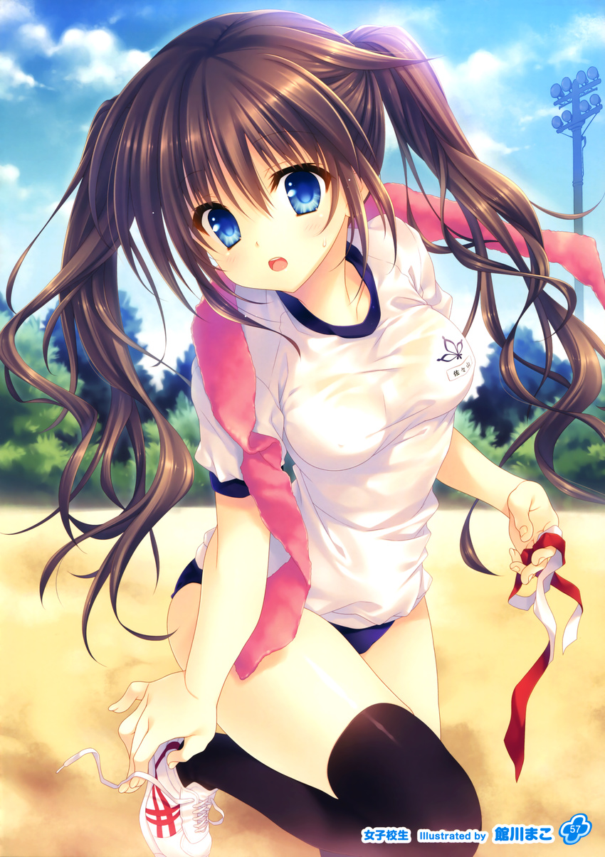 :d absurdres black_legwear blue_eyes breasts brown_hair buruma gym_uniform highres medium_breasts open_mouth smile solo tatekawa_mako thighhighs towel towel_around_neck twintails