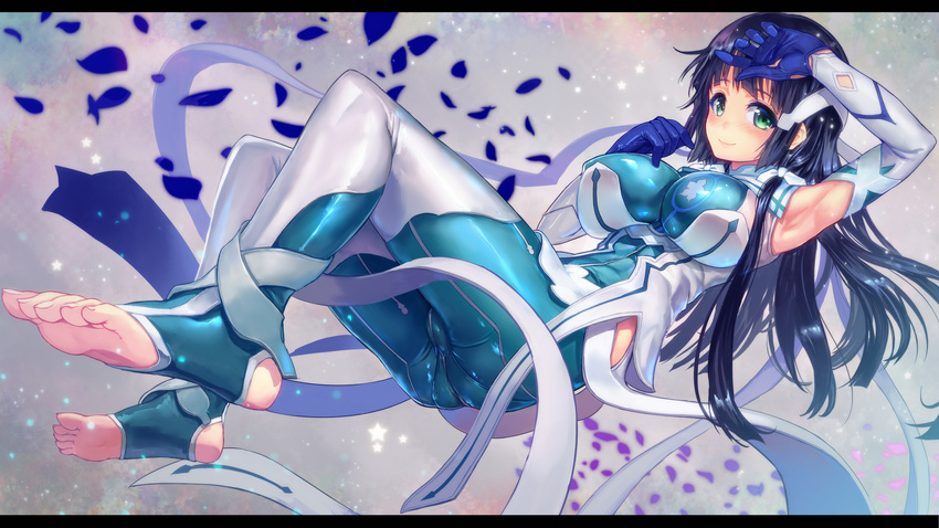 barefoot black_hair blush bodysuit breasts chikokuma cleavage feet gloves green_eyes highres large_breasts letterboxed long_hair petals smile soles solo toeless_legwear toes tougou_mimori yuuki_yuuna_wa_yuusha_de_aru yuusha_de_aru