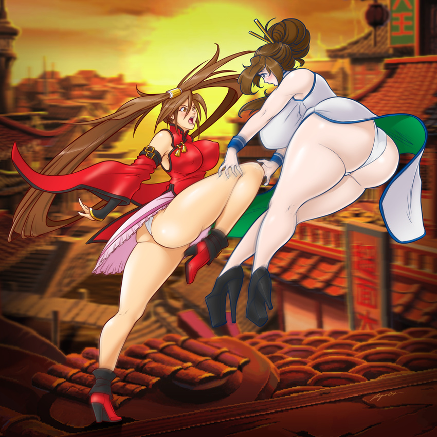 2girls arc_system_works ass blue_eyes blush breasts bridal_gauntlets brown_eyes brown_hair character_request china_dress chinese_clothes detached_sleeves erect_nipples from_behind guilty_gear hair_ornament hair_tubes high_heels huge_ass huge_breasts jacques00 kicking kuradoberi_jam long_hair microskirt multiple_girls open_mouth panties shiny shiny_skin sideboob very_long_hair