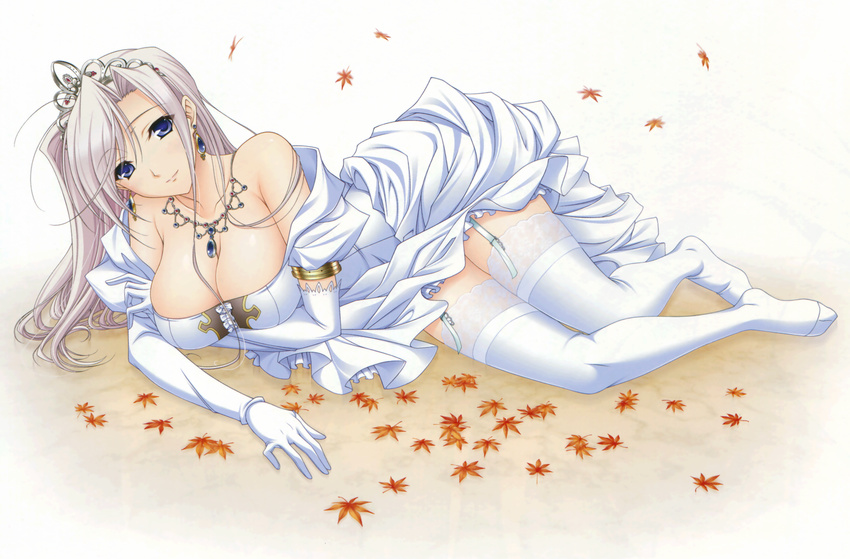 absurdres blue_eyes breasts charlotte_hazellink cleavage dress elbow_gloves garter_straps gloves grey_hair highres komori_kei lace lace-trimmed_thighhighs large_breasts leaf lying maple_leaf on_side princess_lover thighhighs tiara wedding_dress white_gloves white_legwear