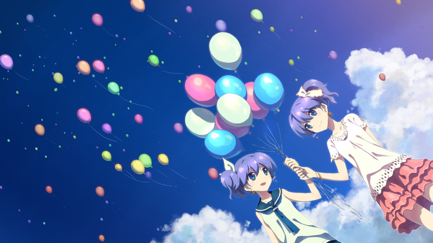 absurdres balloon blue_eyes dj_max hair_ribbon highres ladymade_star multiple_girls purple_hair ribbon sailor_collar siblings side_ponytail sisters skirt sky smile twins yuuki_tatsuya