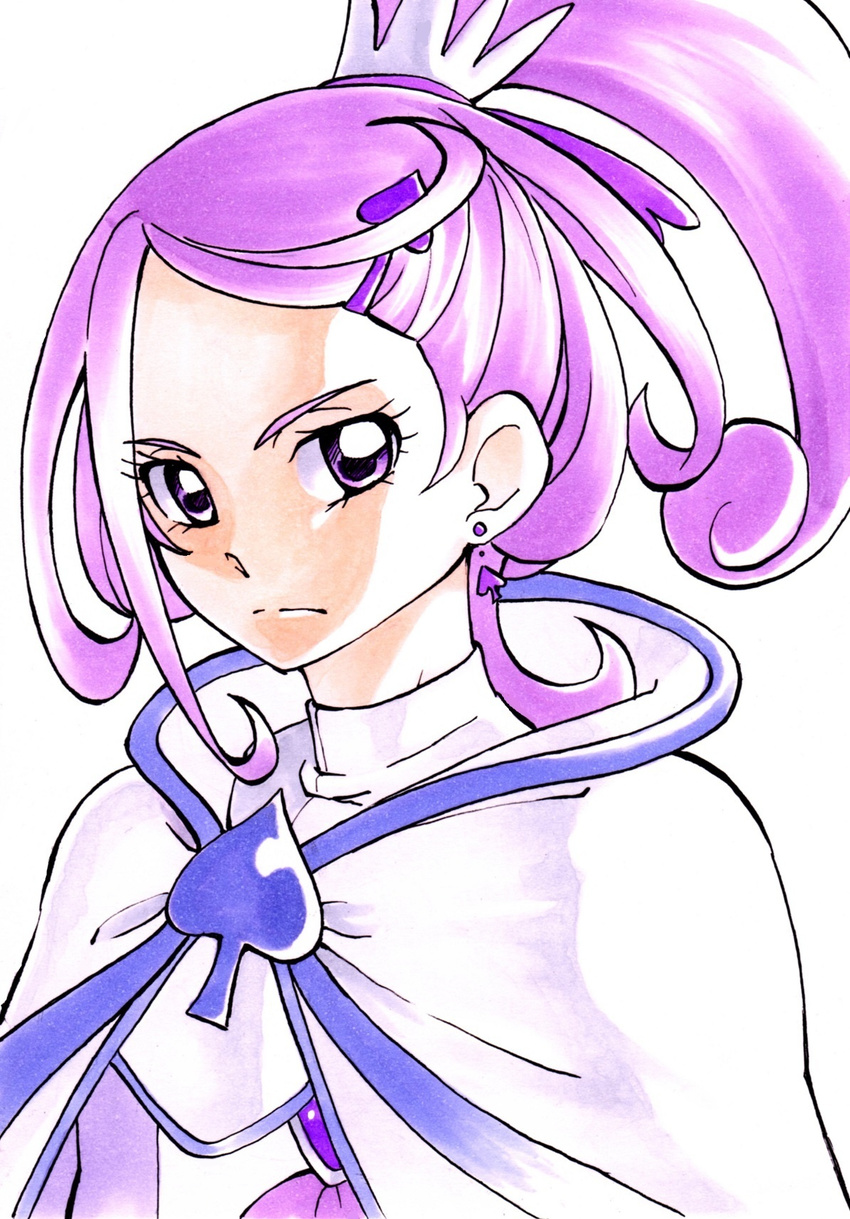 bad_id bad_pixiv_id cape cure_sword curly_hair digital_divide_shiwasu dokidoki!_precure dress earrings eyelashes hair_flip hair_ornament hairclip half_updo heart highres jewelry kenzaki_makoto looking_at_viewer magical_girl ponytail precure purple_dress purple_eyes purple_hair serious short_hair side_ponytail simple_background solo spade_earrings upper_body white_background