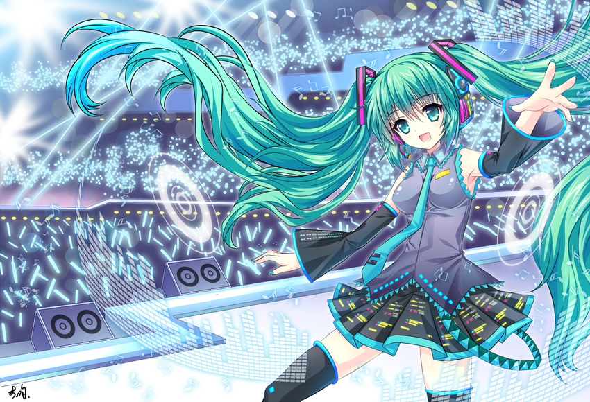 :d concert detached_sleeves green_eyes green_hair hair_ornament hatsune_miku headset long_hair looking_at_viewer necktie open_mouth pleated_skirt riyun_(halodark) skirt smile solo thighhighs twintails vocaloid zettai_ryouiki