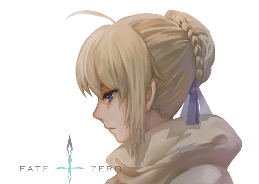 ahoge artoria_pendragon_(all) bangs blonde_hair blue_eyes braid braided_bun copyright_name elimoxiangya fate/stay_night fate_(series) hair_bun hair_ribbon highres looking_away looking_down pensive portrait profile ribbon saber simple_background solo white_background