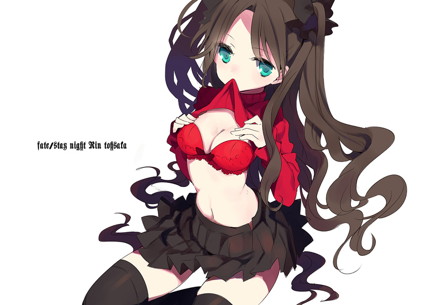 black_hair black_legwear black_skirt bra breasts character_name cleavage copyright_name fate/stay_night fate_(series) green_eyes kneeling long_hair medium_breasts miniskirt mouth_hold pleated_skirt red_bra rugo shirt shirt_lift skirt solo thighhighs toosaka_rin two_side_up underwear undressing white_background zettai_ryouiki