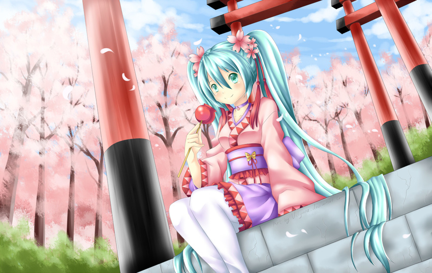 candy_apple cherry_blossoms choker dutch_angle food hair_ornament hatsune_miku holding japanese_clothes kimono lolita_fashion long_hair looking_at_viewer pantyhose petals short_kimono sitting solo torii twintails villyane vocaloid wa_lolita white_legwear