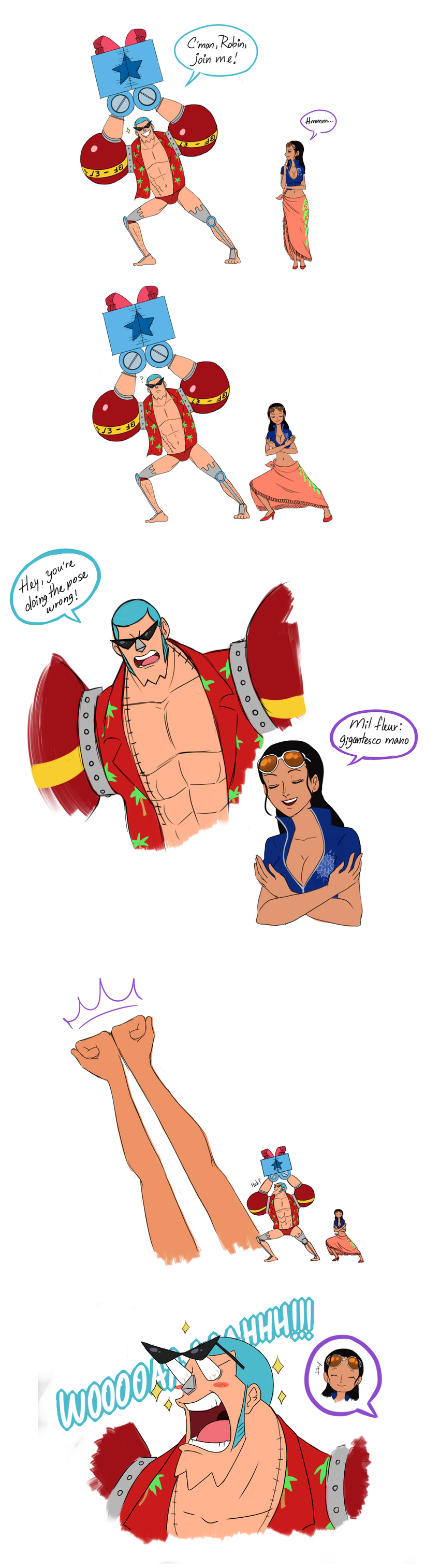 1boy 1girl blue_hair blue_shirt breasts center_opening cleavage comic crop_top eyes_closed franky glasses glasses_on_head hair_slicked_back hana_hana_no_mi hawaiian_shirt long_hair midriff multiple_arms nico_robin no_bra one_piece open_clothes open_shirt pink_skirt sarong shirt short_hair short_sleeves side_slit simple_background skirt smile standing stitching sunglasses sunglasses_on_head unzipped white_background zipper