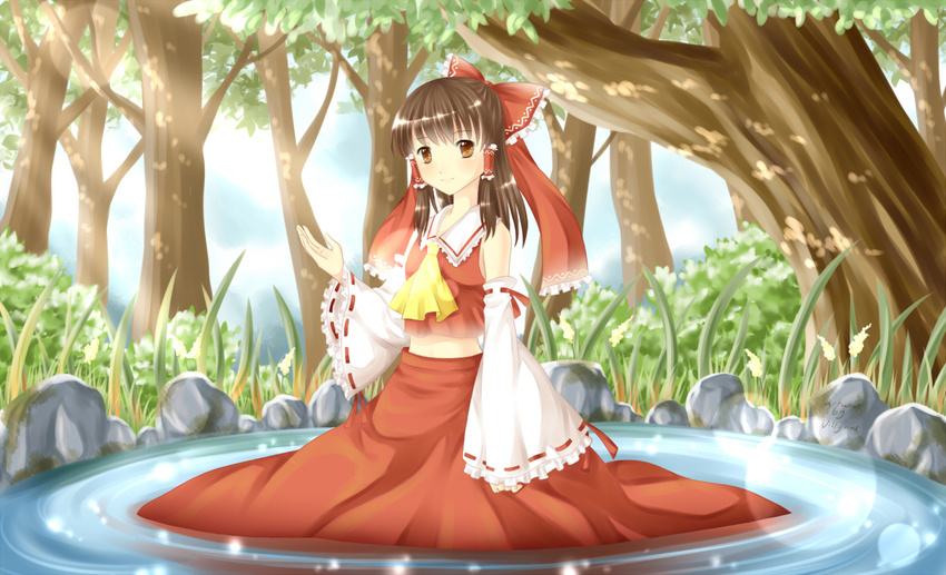 ascot bow brown_eyes brown_hair detached_sleeves forest hair_bow hair_ribbon hair_tubes hakurei_reimu long_hair looking_at_viewer nature nontraditional_miko outdoors pond ribbon smile solo touhou tree tree_shade villyane wading