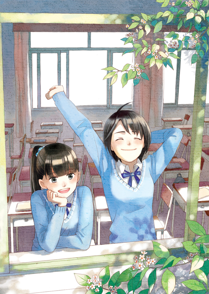 :d ^_^ arm_up black_eyes black_hair bow bowtie branch chair chin_rest classroom closed_eyes desk from_outside hand_behind_head high_ponytail highres leaf long_hair multiple_girls open_mouth original ponytail school_desk school_uniform selina short_hair smile stretch sweater window