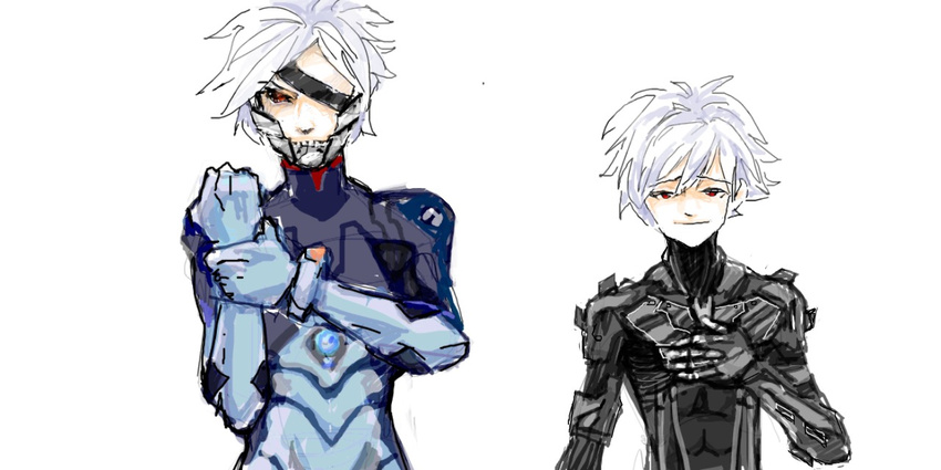 cosplay costume_switch crossover cyborg_ninja eyepatch metal_gear_(series) metal_gear_rising:_revengeance multiple_boys nagisa_kaworu neon_genesis_evangelion oekaki plugsuit raiden red_eyes silver_hair white_hair womu