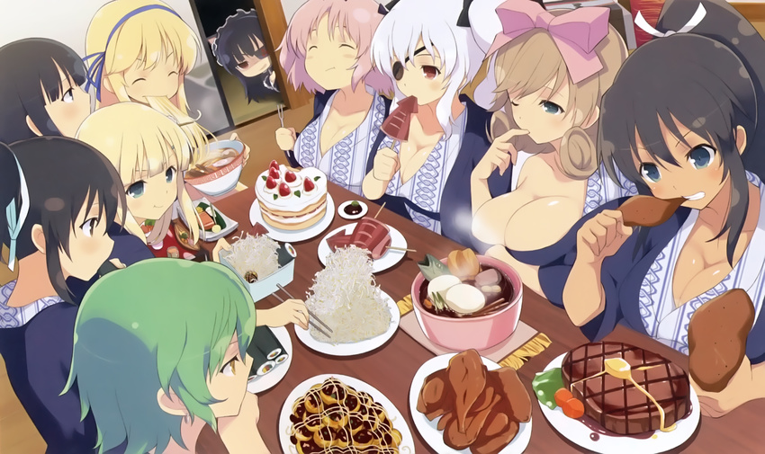 6+girls absurdres asuka_(senran_kagura) black_hair blonde_hair blue_eyes brown_eyes butter cake chopsticks cream dark_skin eating eyepatch food green_hair haruka_(senran_kagura) hibari_(senran_kagura) highres hikage_(senran_kagura) homura_(senran_kagura) ikaruga_(senran_kagura) katsuragi_(senran_kagura) meat mirai_(senran_kagura) multiple_girls official_art pink_hair ponytail red_eyes ribbon senran_kagura senran_kagura_(series) squid white_hair yaegashi_nan yagyuu_(senran_kagura) yellow_eyes yomi_(senran_kagura)