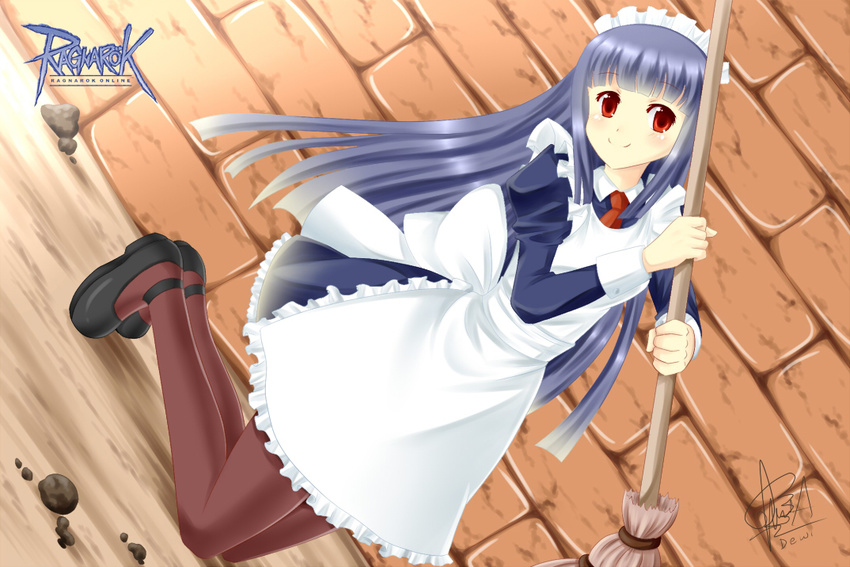 alice_(ragnarok_online) black_hair broom copyright_name dutch_angle holding kneeling looking_at_viewer maid maid_headdress pantyhose ragnarok_online red_eyes solo villyane