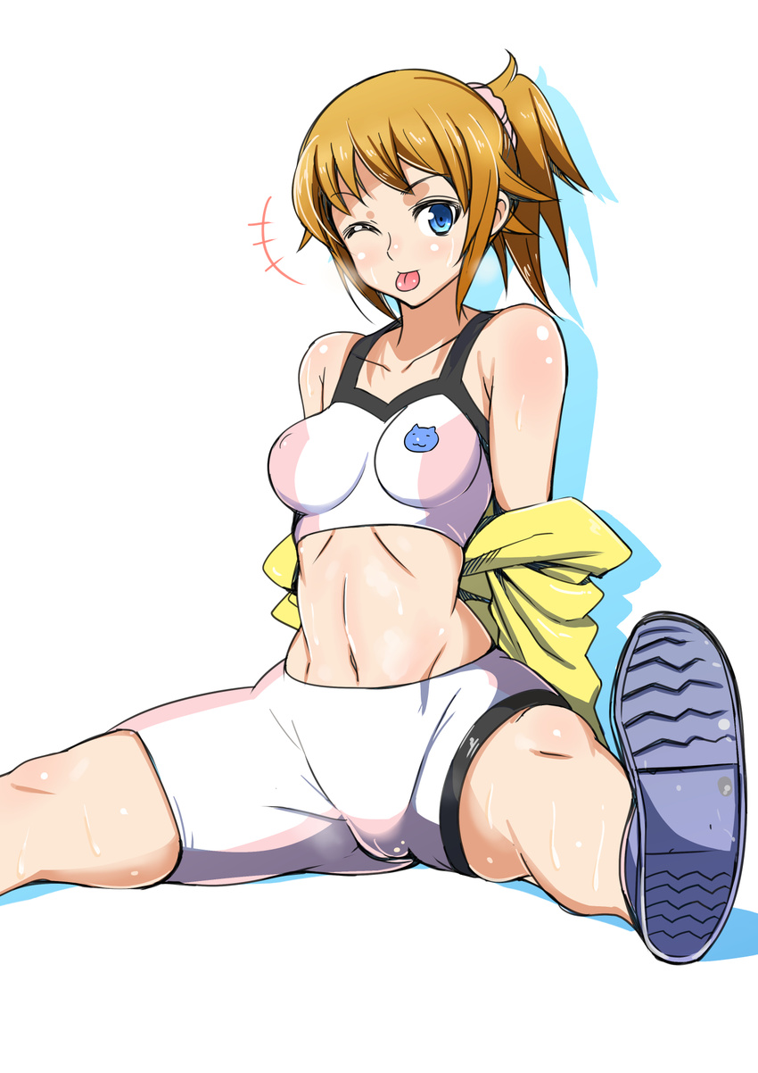 :p bike_shorts blue_eyes brown_hair gundam gundam_build_fighters gundam_build_fighters_try highres hoshino_fumina jacket midriff navel simple_background sitting solo sports_bra sweat takuji_(dekosenn) tongue tongue_out white_background