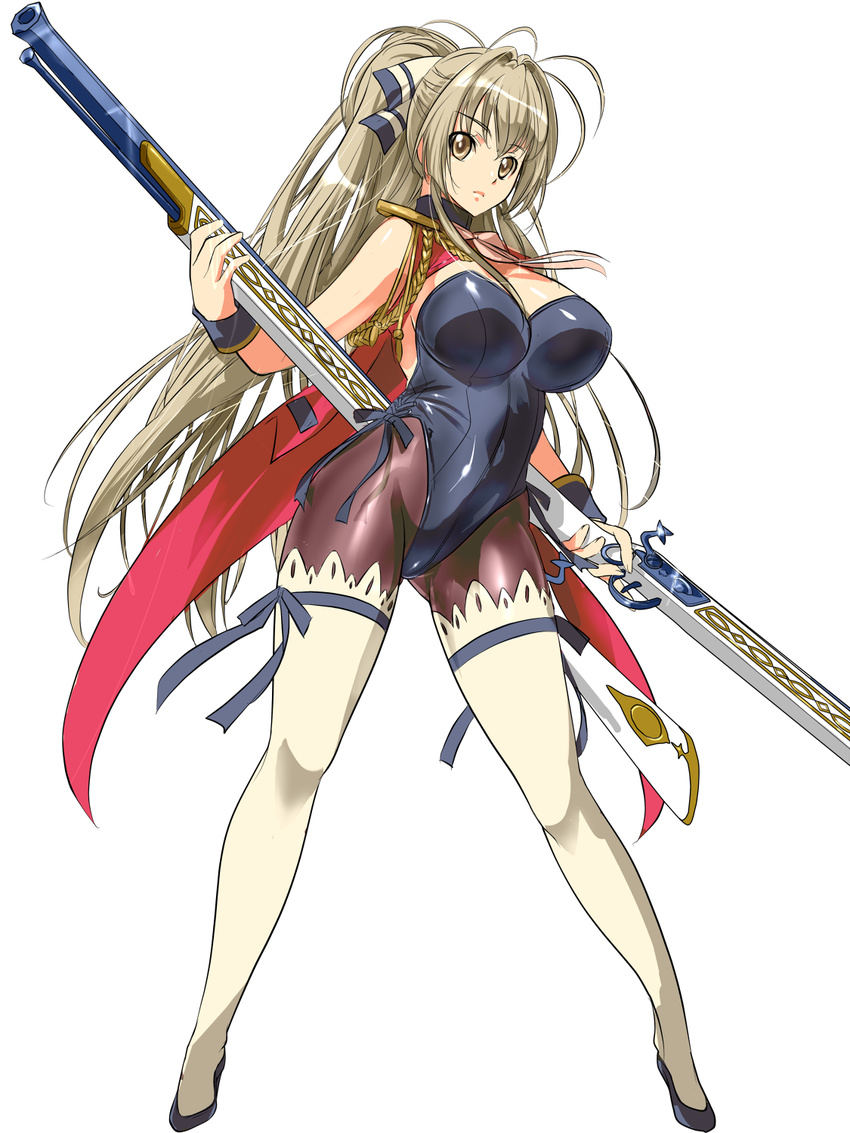 adapted_costume aiguillette amagi_brilliant_park bad_id bad_pixiv_id bow breasts brown_eyes brown_hair cleavage dodai_shouji dual_wielding full_body gun hair_bow highres holding large_breasts leotard long_hair pantyhose playboy_bunny_leotard ponytail ribbon ribbon-trimmed_legwear ribbon_trim rifle sento_isuzu shoes simple_background solo thigh_ribbon thighhighs thighhighs_over_pantyhose weapon white_background wrist_cuffs