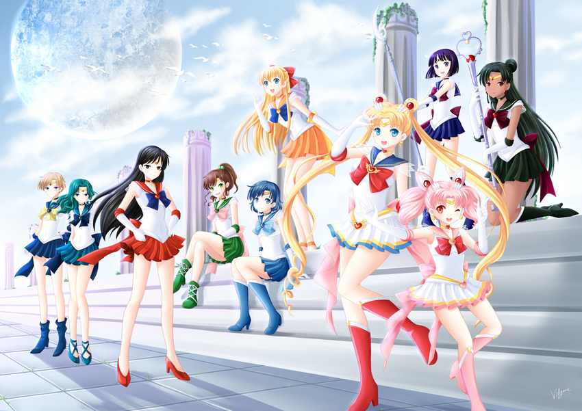 :d ;d aino_minako aqua_eyes aqua_hair back_bow bare_legs bishoujo_senshi_sailor_moon black_eyes black_hair blonde_hair blue_bow blue_choker blue_eyes blue_footwear blue_hair blue_sailor_collar boots bow brown_hair chibi_usa choker column dark_skin double_bun forehead_jewel full_body green_choker green_footwear green_sailor_collar hair_ornament hands_on_hips heart heart_choker high_heels highres hino_rei holding holding_spear holding_weapon kaiou_michiru kino_makoto kneeling long_hair magical_girl meiou_setsuna mizuno_ami multicolored multicolored_clothes multicolored_skirt multiple_girls one_eye_closed open_mouth orange_choker orange_sailor_collar pillar pink_bow pink_eyes pink_footwear pink_hair pink_sailor_collar pleated_skirt polearm ponytail purple_bow purple_eyes purple_hair purple_sailor_collar red_bow red_choker red_eyes red_sailor_collar sailor_chibi_moon sailor_collar sailor_jupiter sailor_mars sailor_mercury sailor_moon sailor_neptune sailor_pluto sailor_saturn sailor_senshi sailor_senshi_uniform sailor_uranus sailor_venus school_uniform serafuku short_hair sitting skirt smile spear staff star star_choker strappy_heels super_sailor_chibi_moon super_sailor_jupiter super_sailor_mars super_sailor_mercury super_sailor_moon super_sailor_neptune super_sailor_pluto super_sailor_saturn super_sailor_uranus super_sailor_venus ten'ou_haruka tomoe_hotaru tsuki_ni_kawatte_oshioki_yo tsukino_usagi twintails very_short_hair villyane weapon yellow_bow