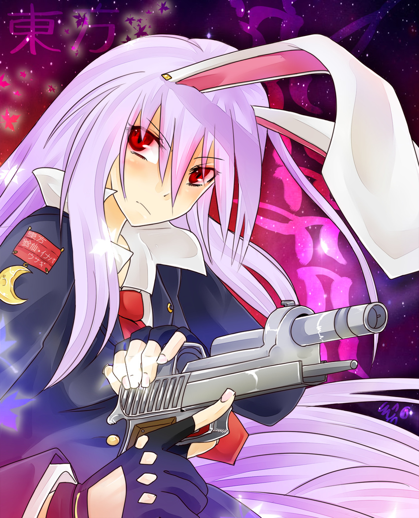 animal_ears badge blazer bunny_ears collared_shirt copyright_name crescent_moon gloves gun handgun highres jacket lavender_hair leaf long_hair looking_away looking_to_the_side maple_leaf moon necktie night night_sky red_eyes red_neckwear reisen_udongein_inaba saraallo shirt signature sky solo touhou trigger_discipline upper_body weapon