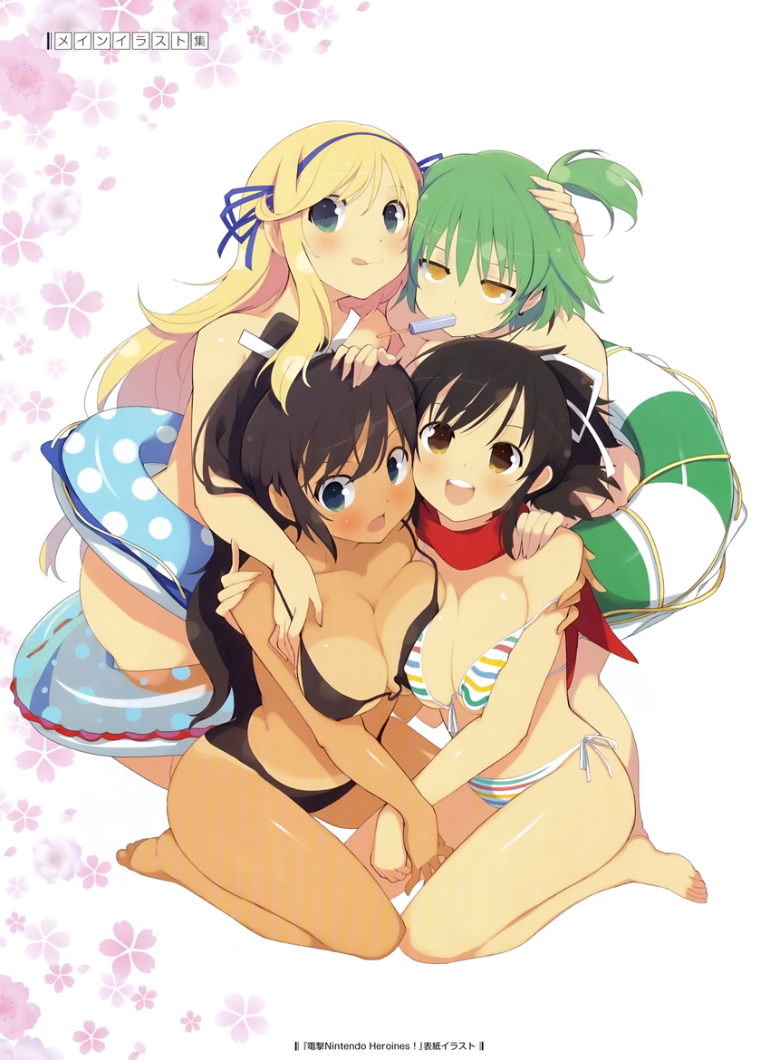 :d :o :q absurdres arm_around_neck asuka_(senran_kagura) asymmetrical_docking bangs bare_legs bare_shoulders barefoot bikini bikini_tan black_bikini black_hair blonde_hair blush breast_grab breast_press breasts brown_eyes cherry_blossoms choker covered_nipples dengeki_nintendo earrings eating feet fingernails floral_background flower food food_in_mouth from_above front-tie_bikini front-tie_top full_body grabbing grabbing_from_behind green_eyes green_hair groping hair_between_eyes hair_ribbon hairband half-closed_eyes hand_on_another's_head hand_on_another's_shoulder happy high_ponytail highres hikage_(senran_kagura) homura_(senran_kagura) index_finger_raised innertube jewelry katsuragi_(senran_kagura) kneeling large_breasts lifebuoy long_fingernails long_hair long_ponytail looking_at_viewer looking_down mouth_hold multicolored multicolored_bikini multicolored_clothes multiple_girls official_art one_side_up open_mouth parted_bangs polka_dot ponytail popsicle red_scarf ribbon scan scarf senran_kagura shiny shiny_skin short_ponytail side-tie_bikini sideboob sidelocks sitting smile standing strap_gap strap_slip string_bikini striped striped_bikini striped_swimsuit surprised swimsuit tan tanline tongue tongue_out transparent underboob very_long_hair wariza white_background wide-eyed yaegashi_nan yellow_eyes