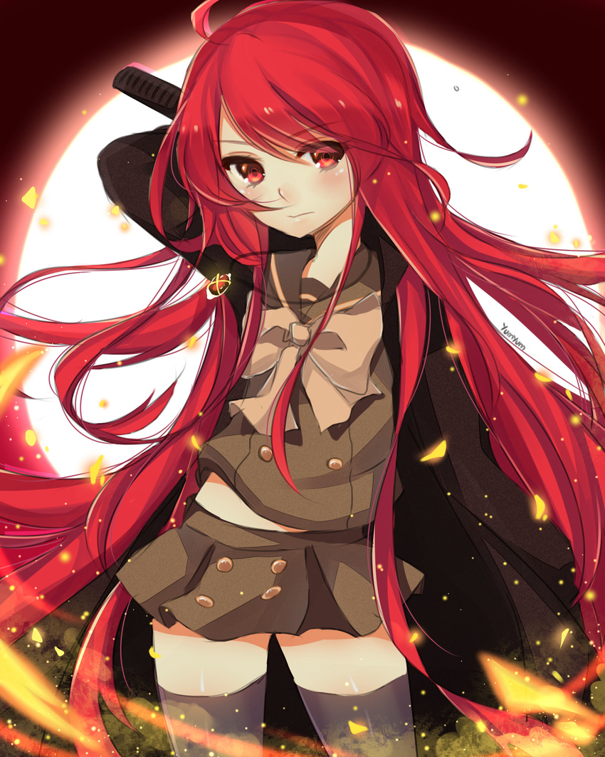 absurdres alastor_(shakugan_no_shana) coat fire highres jewelry long_hair pendant red_eyes red_hair school_uniform serafuku shakugan_no_shana shana thighhighs yumyum