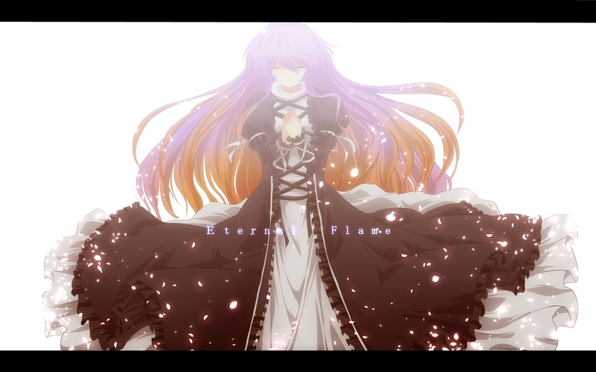 blonde_hair closed_eyes commentary dress frilled_skirt frilled_sleeves frills gradient_hair hands_on_own_chest highres hijiri_byakuren lace-trimmed_sleeves layered_dress letterboxed long_hair long_skirt long_sleeves multicolored_hair nekominase petals puffy_long_sleeves puffy_sleeves purple_hair skirt smile solo touhou turtleneck
