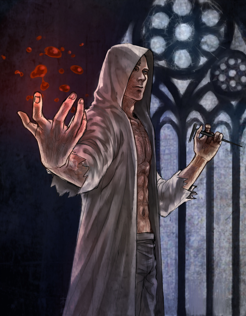 blood cang_fade highres hood ice_pick jacket male_focus open_clothes open_jacket ruvik scar solo the_evil_within