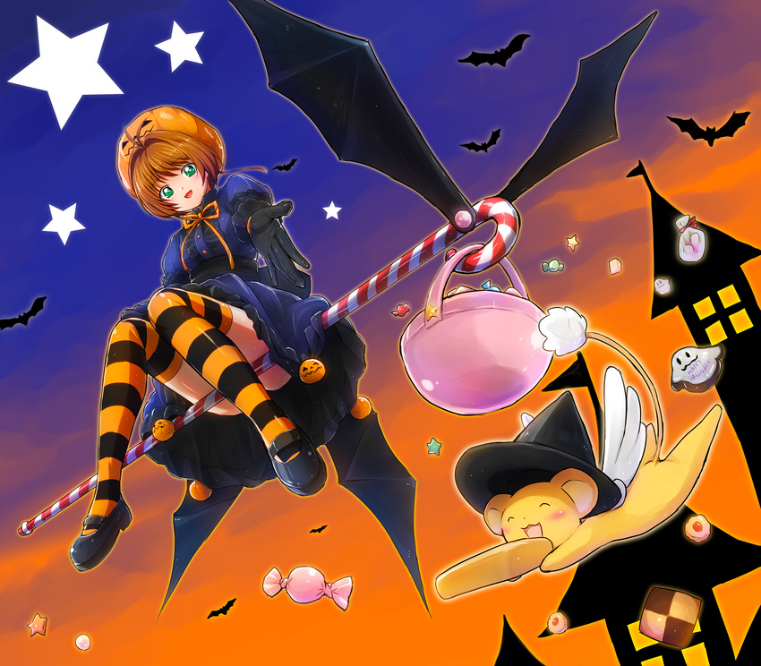 basket bat black_footwear black_gloves blue_background blue_skirt brown_hair candy candy_cane cardcaptor_sakura checkerboard_cookie colored_stripes cookie creature eri_(resia) food full_body gloves gradient gradient_background green_eyes halloween hat highres jack-o'-lantern kero kinomoto_sakura mary_janes orange_background orange_hat outstretched_hand pumpkin_hat shoes short_hair sidesaddle skirt smile star striped striped_legwear thighhighs witch_hat zettai_ryouiki