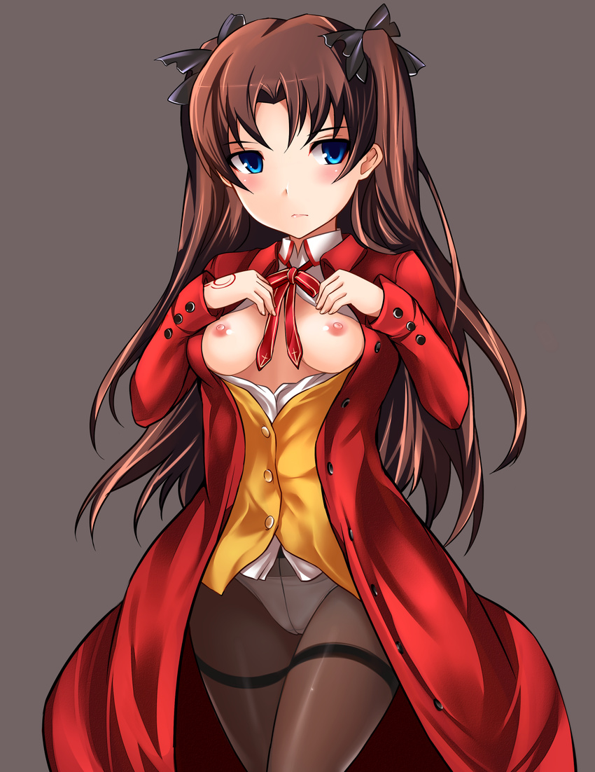 bad_id bad_nijie_id bad_proportions black_hair black_legwear blue_eyes blush bow breasts breasts_outside crotch_seam fate/stay_night fate_(series) hair_bow highres jacket long_hair looking_at_viewer nipples no_pants open_clothes open_jacket panties panties_under_pantyhose pantyhose small_breasts solo toosaka_rin two_side_up underwear white_panties yoshimo