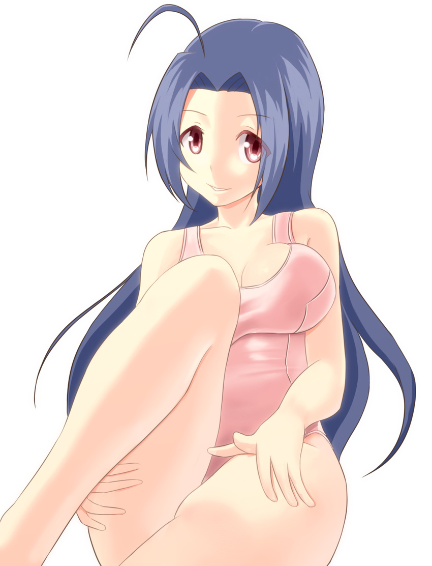 alternate_color_school_swimsuit blue_hair highres idolmaster idolmaster_(classic) long_hair miura_azusa one-piece_swimsuit pink_swimsuit red_eyes school_swimsuit sitting swimsuit taka_(takahirokun)