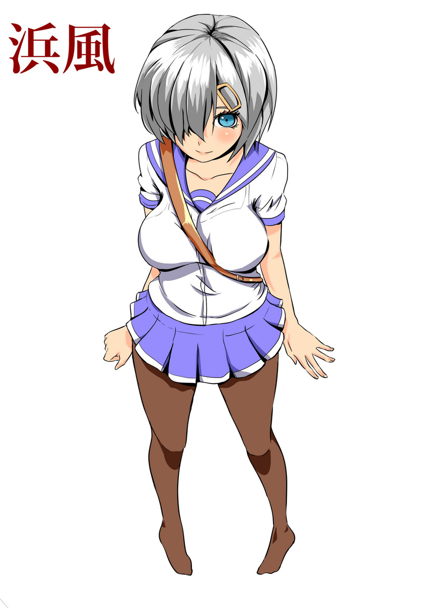 blue_eyes breasts hair_ornament hair_over_one_eye hairclip hamakaze_(kantai_collection) highres kantai_collection large_breasts looking_at_viewer norman_maggot pantyhose pleated_skirt school_uniform serafuku short_hair short_sleeves silver_hair skirt solo