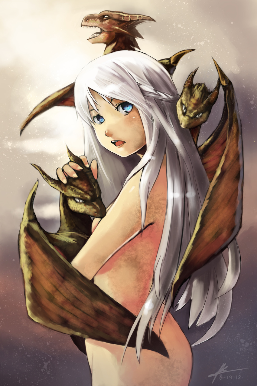 2012 a_song_of_ice_and_fire absurdres animal blue_eyes breasts daenerys_targaryen dated dirty dragon drogon highres holding holding_animal long_hair looking_at_viewer looking_back medium_breasts nude open_mouth petting rhaegal robert_knight sideboob signature silver_hair solo viserion