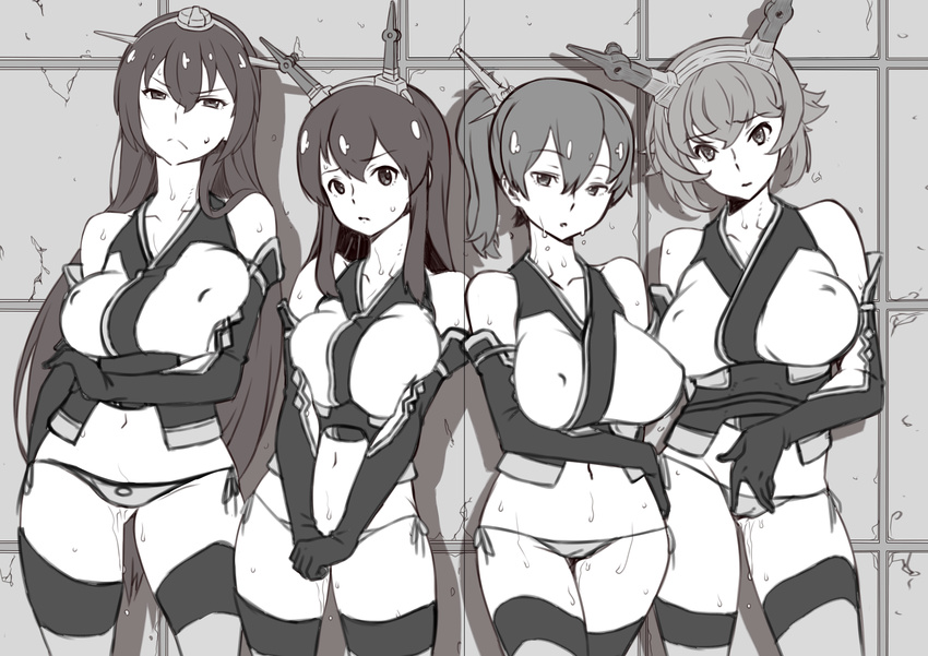 absurdres amagi_(battlecruiser)_(kantai_collection) bare_shoulders breasts crossed_arms date_naoto elbow_gloves gloves headgear highres kantai_collection large_breasts long_hair multiple_girls mutsu_(kantai_collection) nagato_(kantai_collection) original panties pussy_juice short_hair side_ponytail sweat thighhighs tosa_(kantai_collection) underwear