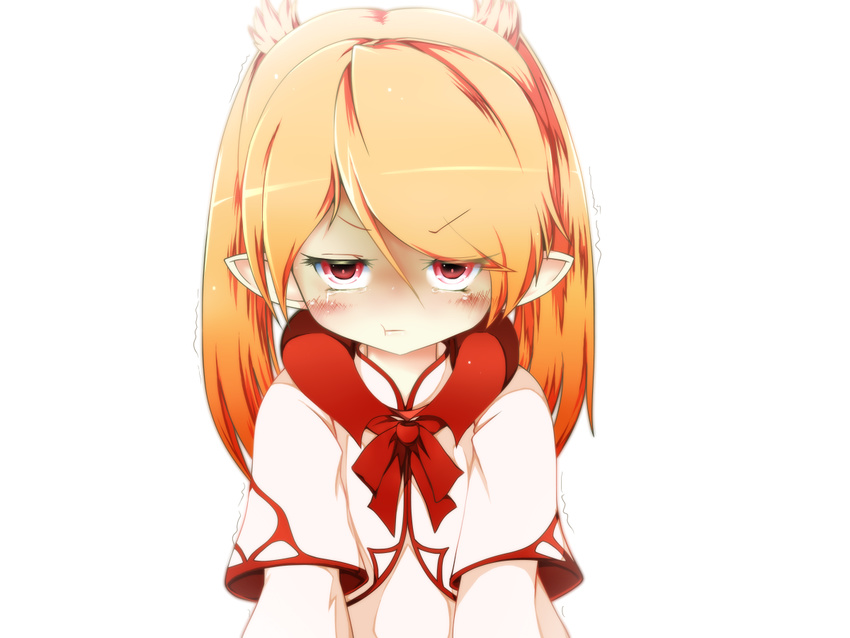 7ban bad_id bad_pixiv_id blonde_hair crying final_fantasy final_fantasy_xiv lalafell long_sleeves looking_at_viewer neckerchief pointy_ears pout red_eyes short_over_long_sleeves short_sleeves solo twintails upper_body white_mage