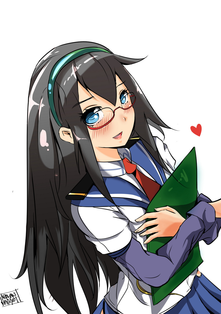 :d aqua_hairband black_hair blue_eyes blush clipboard glasses hairband headband highres kantai_collection long_hair long_sleeves necktie norman_maggot ooyodo_(kantai_collection) open_mouth parted_lips pleated_skirt red-framed_eyewear red_neckwear school_uniform semi-rimless_eyewear serafuku shirt simple_background skirt smile under-rim_eyewear very_long_hair white_background white_shirt