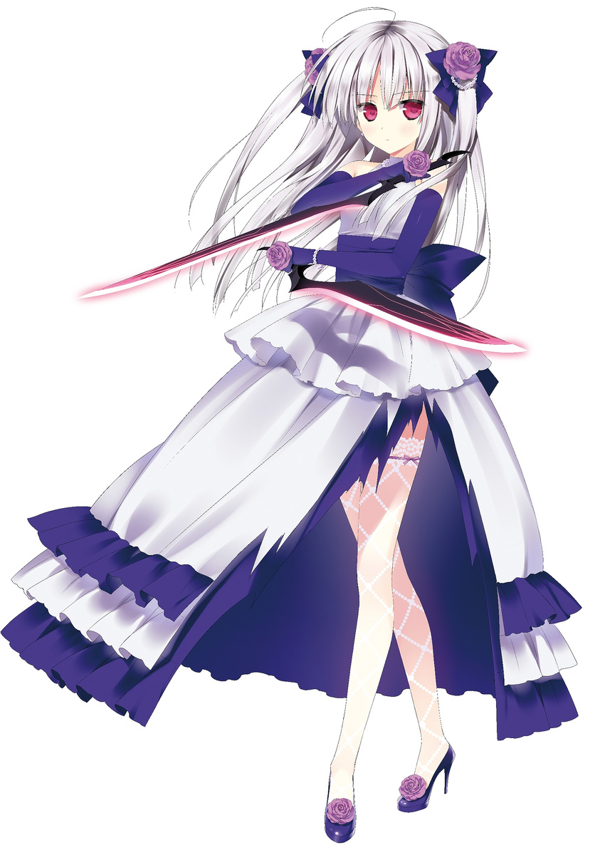 absolute_duo absurdres artist_request bow dress dual_wielding elbow_gloves flower gloves grey_hair hair_bow highres holding knife lace lace_legwear purple_eyes rose sword thighhighs torn_clothes torn_dress two_side_up weapon yurie_sigtuna