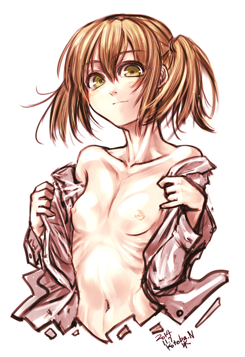 absurdres bare_shoulders breasts brown_hair collarbone eyebrows_visible_through_hair green_eyes highres kotoba_noriaki navel nipples off_shoulder original ribs short_hair short_twintails simple_background sketch small_breasts smile solo twintails undressing white_background