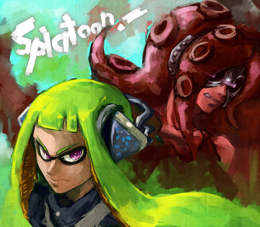 ceramic_man determined domino_mask ear_protection glowing glowing_eyes green_hair headset headwear inkling looking_at_viewer mask multiple_girls octarian octoling purple_eyes red_hair scarf smirk splatoon_(series) splatoon_1 squidbeak_splatoon takozonesu tentacle_hair tentacles