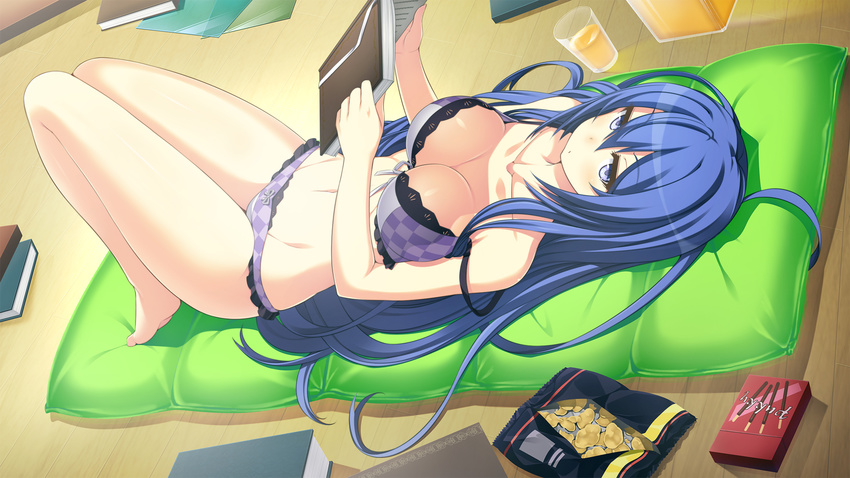 1/7_no_mahoutsukai 1girl barefoot blue_eyes blue_hair book bra breasts cleavage dutch_angle female full_body game_cg kirishima_misuzu long_hair looking_at_viewer lying on_back panties pocky potato_chips solo t-ray tel-o underwear