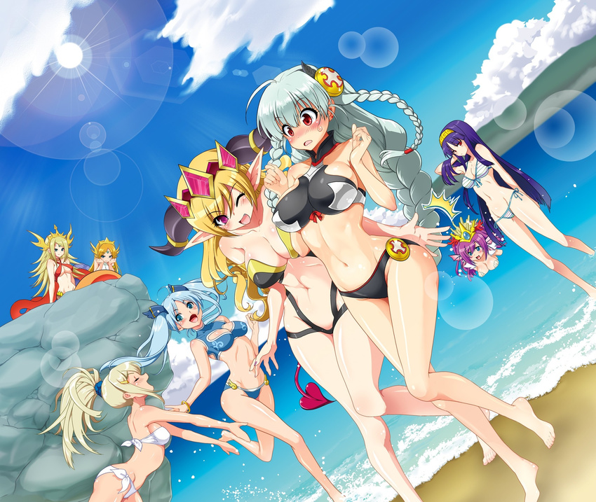 6+girls ahoge animal_ears barefoot beach bikini bikini_top blonde_hair blue_eyes blue_hair braid breasts cleavage cleavage_cutout closed_eyes day dutch_angle echidna_(p&amp;d) front-tie_top hair_ribbon hairband headdress highres idunn_&amp;_idunna isis_(p&amp;d) lamia large_breasts lens_flare light_valkyrie_(p&amp;d) lilith_(p&amp;d) long_hair medium_breasts mermaid monster_girl multiple_girls navel ocean one_eye_closed open_mouth pink_eyes pointy_ears ponytail purple_hair puzzle_&amp;_dragons red_eyes ribbon side-tie_bikini sidelocks silver_hair siren_(p&amp;d) smile swimsuit twin_braids twintails uran_(uran-factory) valkyrie_(p&amp;d)