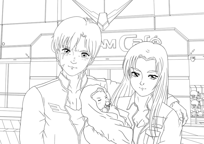 baby bernard_wiseman christina_mackenzie couple good_end gundam gundam_0080 if_they_mated long_hair looking_at_viewer monochrome scar zhugege1986