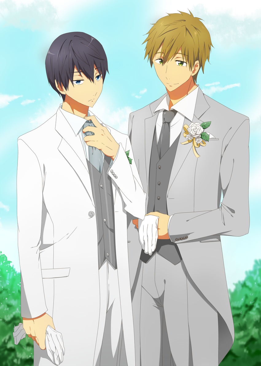 black_hair blue_eyes boutonniere brown_hair day flower formal free! gloves gloves_removed green_eyes highres male_focus multiple_boys nanase_haruka_(free!) necktie rose rumia_(compacthuman) sky smile suit tachibana_makoto white_flower white_gloves white_rose