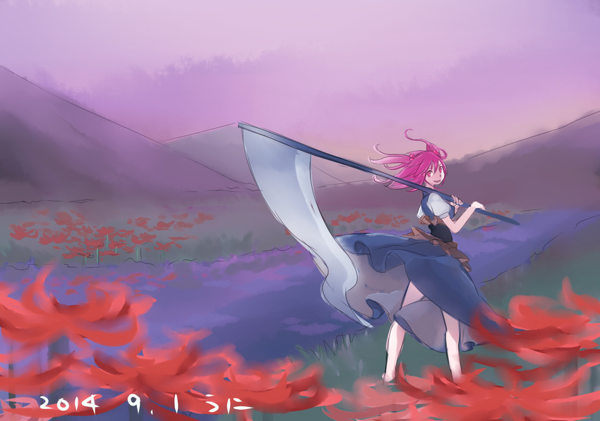 bare_legs barefoot belt carrying carrying_over_shoulder dated dress flower from_behind hair_bobbles hair_ornament highres layered_dress looking_at_viewer looking_back mountain namauni onozuka_komachi open_mouth outdoors puffy_short_sleeves puffy_sleeves red_eyes red_hair river sanzu_river scythe short_hair short_sleeves sketch solo spider_lily standing touhou two_side_up water