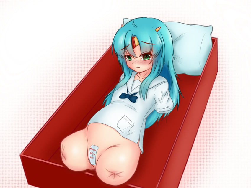 amputee blue_hair blush bottomless box green_eyes in_box in_container long_hair maebari mikeysukairain pillow pregnant quadruple_amputee shining_dradon shining_dragon shirt tears tharitkung