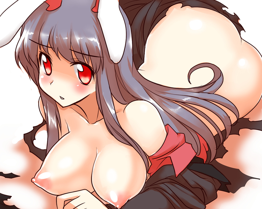 animal_ears ass blush breasts bunny_ears large_breasts long_hair mono_(moiky) nipples purple_hair red_eyes reisen_udongein_inaba solo torn_clothes touhou