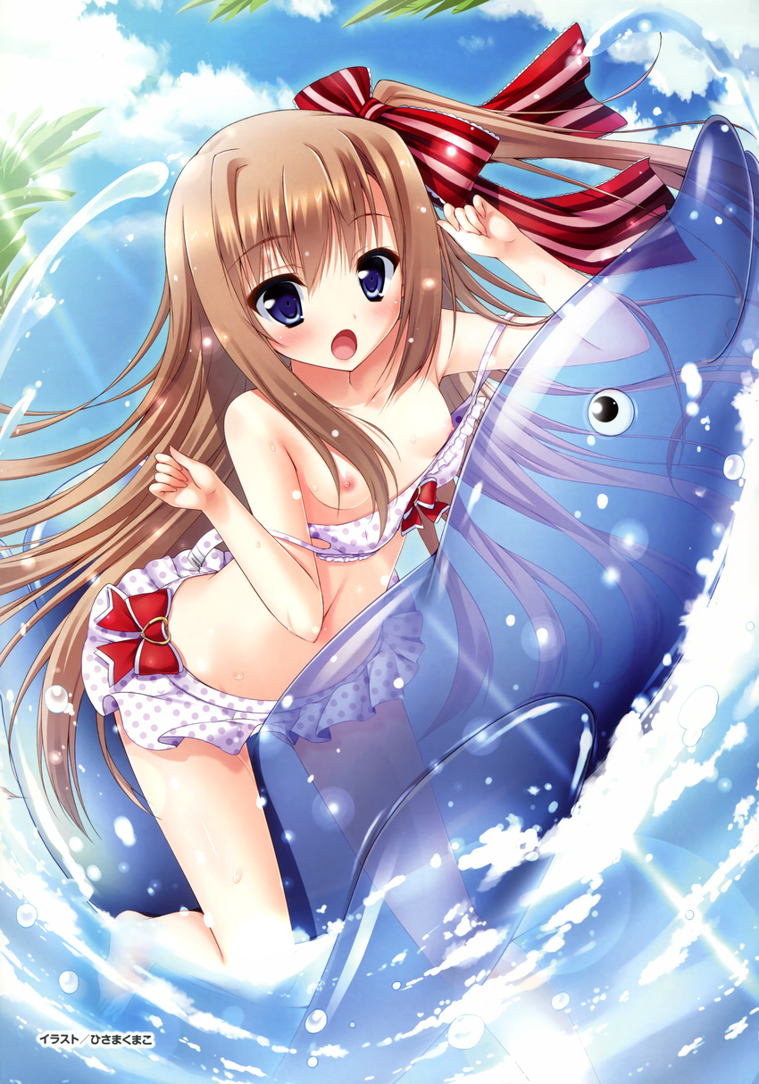 :o absurdres bikini bikini_skirt blue_eyes blush breasts brown_hair day highres hisama_kumako imoo_yuki inflatable_dolphin inflatable_toy nipples onii-chan_migite_no_shiyou_wo_kinshi_shimasu! polka_dot polka_dot_bikini polka_dot_swimsuit small_breasts swimsuit wardrobe_malfunction white_bikini