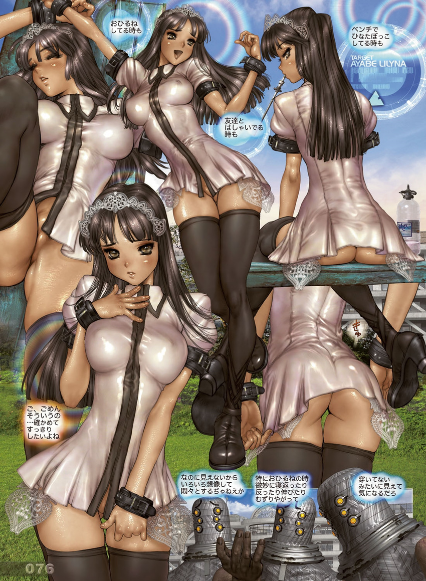 3boys ayabe_lilyna black_hair blush breasts brown_eyes brown_hair covered_nipples dress greaseberries headband headdress highres impossible_clothes impossible_dress large_breasts lilynna_blueberry long_hair looking_at_viewer multiple_boys no_bra no_panties open_mouth shirou_masamune thighhighs translation_request