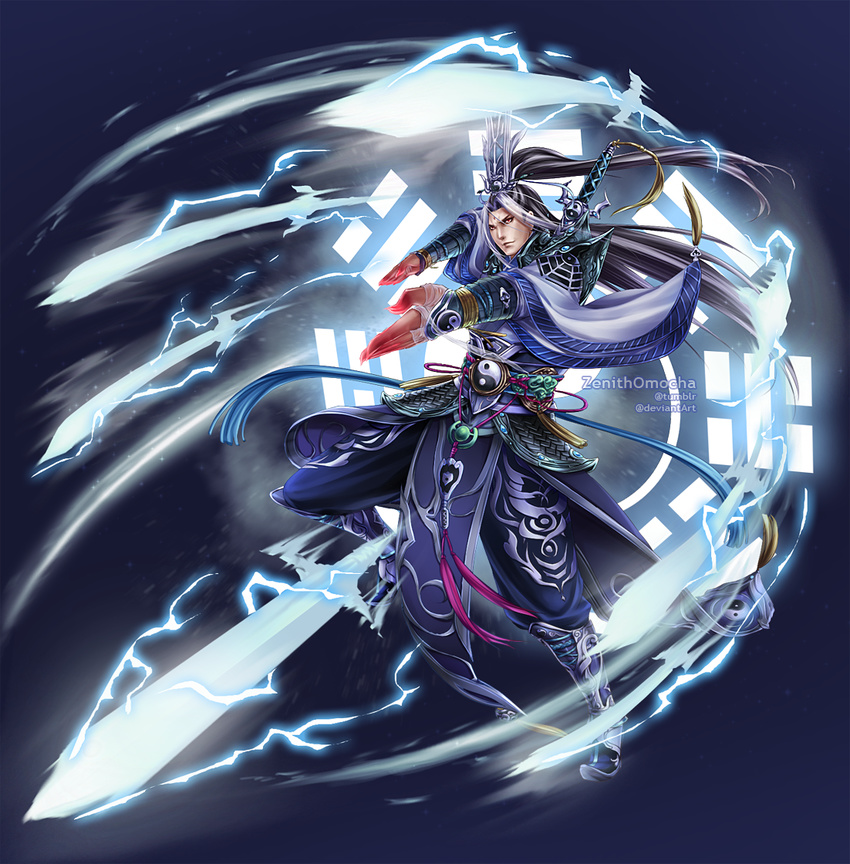 armor artist_name black_hair blue_background fighting_stance full_body high_ponytail lavender_hair magic male_focus multicolored_hair official_art omocha-san red_eyes simple_background solo sword vambraces vo_lam_huyen_thoai weapon