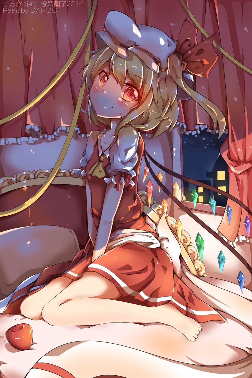 2014 absurdres apple ascot bad_id bad_pixiv_id barefoot blonde_hair dango_remi flandre_scarlet food fruit hat highres looking_at_viewer night red_eyes red_skirt short_hair side_ponytail sitting skirt smile solo touhou wariza wings