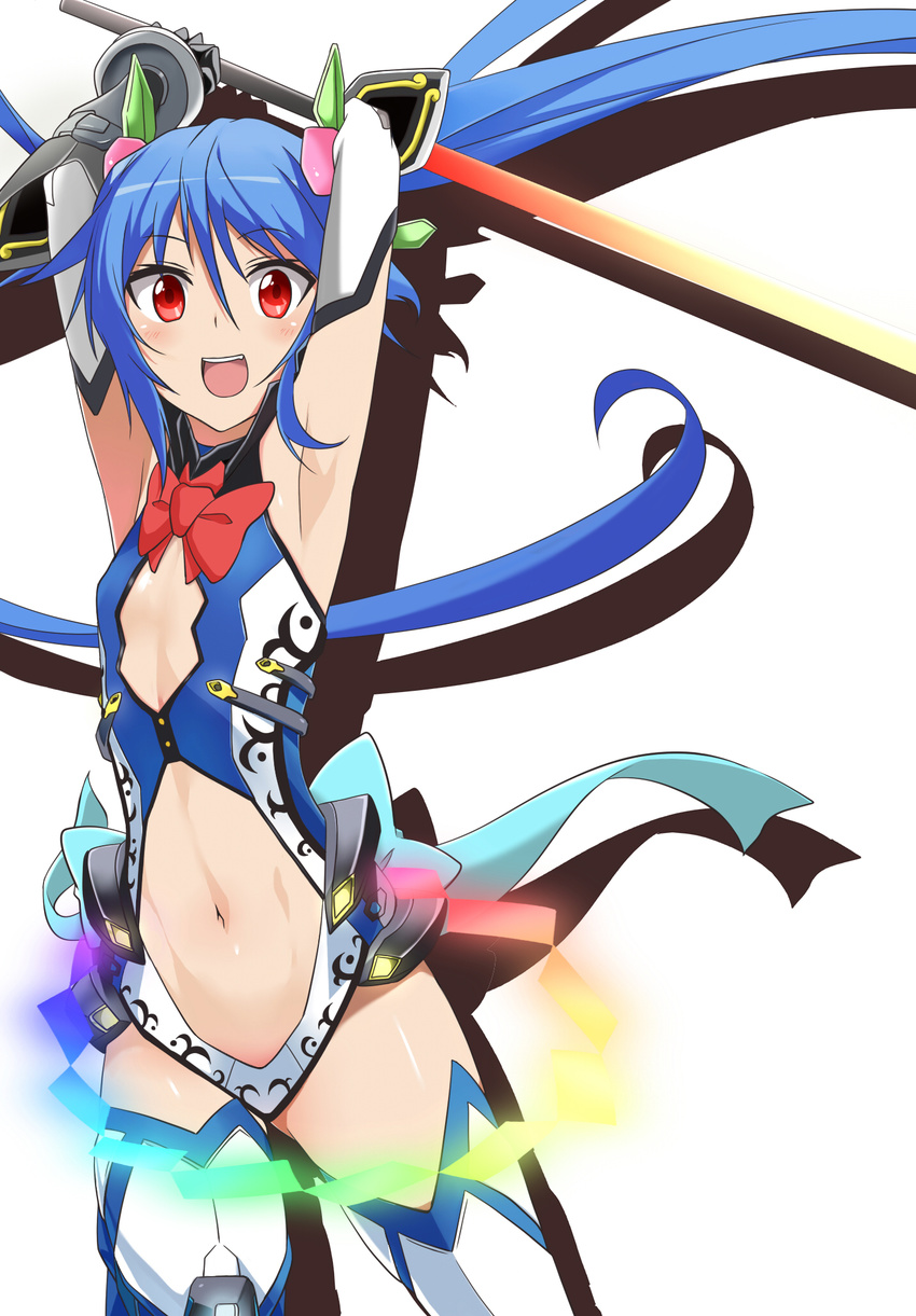 :d armpits arms_up blue_hair cosplay derivative_work evandragon flat_chest gloves highres hinanawi_tenshi long_hair open_mouth ore_twintail_ni_narimasu parody red_eyes revealing_clothes smile solo sword_of_hisou tailblue tailblue_(cosplay) thighhighs touhou twintails very_long_hair weapon white_background