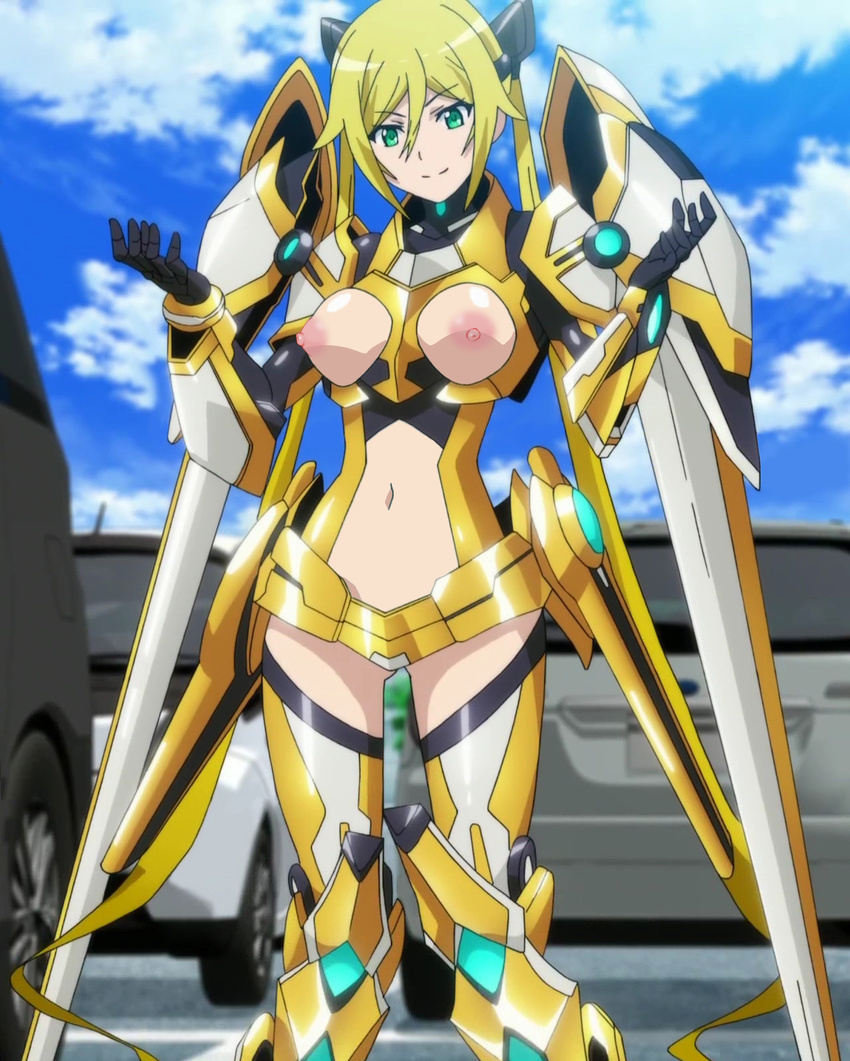 1girl blonde_hair edited female gloves green_eyes long_hair mecha_musume navel navel_cutout nipples nude_filter ore_twintail_ni_narimasu photoshop shindou_erina smile solo tail_yellow tailyellow twintails uncensored very_long_hair