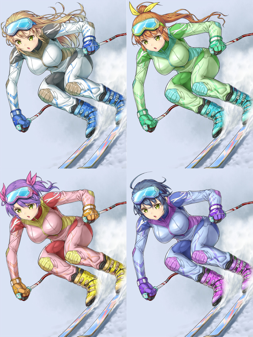 black_hair blue_bodysuit bodysuit boots breasts brown_hair chestnut_mouth furrowed_eyebrows goggles green_bodysuit hair_ribbon highres hisho_collection komase_(jkp423) large_breasts light_brown_hair multiple_girls open_mouth pink_bodysuit purple_hair ribbon ski_gear ski_goggles skiing skis white_bodysuit